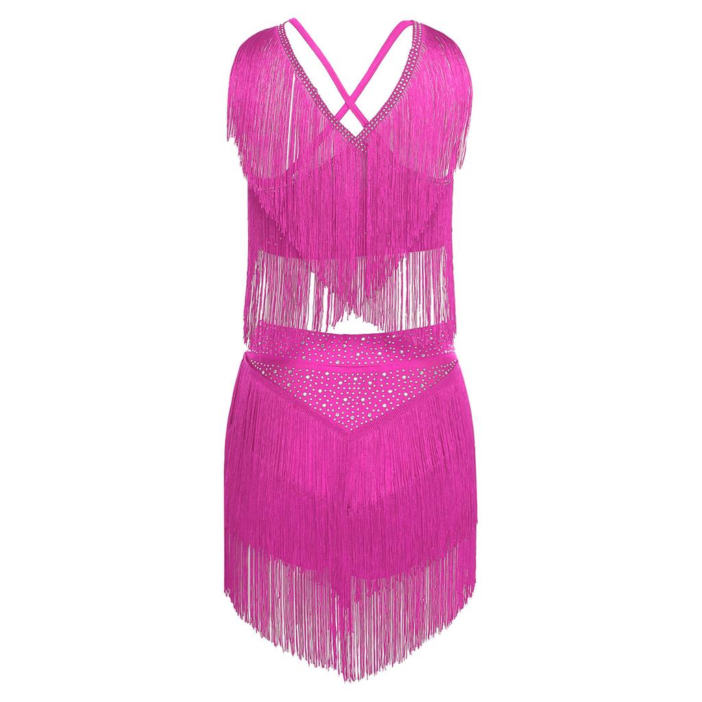 Womens Salsa Latin Dance Performance Costume V Neck Sleeveless Crisscross Back Fringe Crop Top Tiered Tassels Skirt