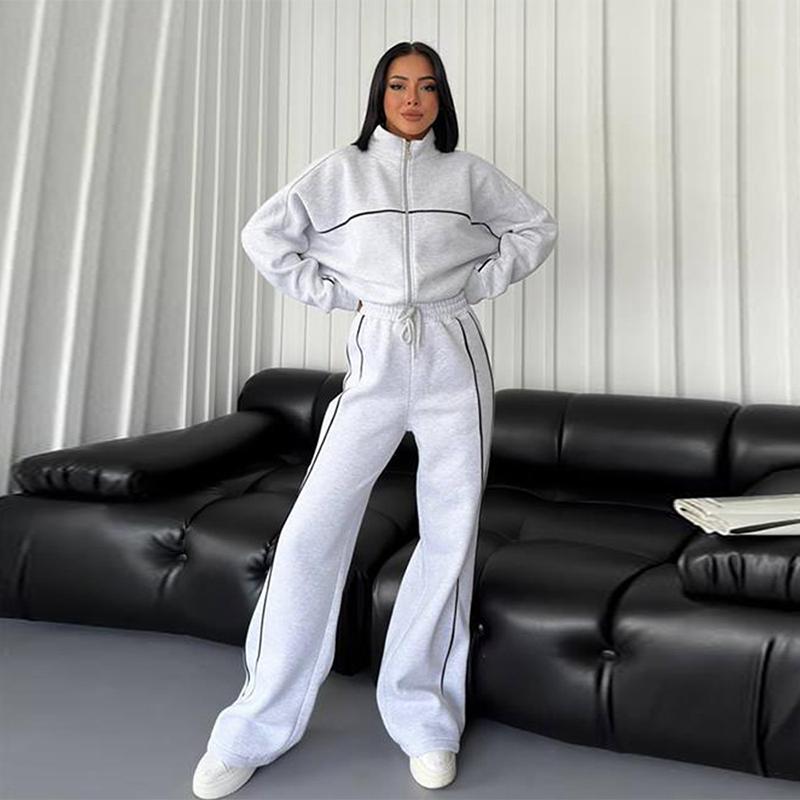 New Casual Set Women Longsleeved Half High Collar Cardigan Sweater Lace Up Striped Pants Women Clothing Fashion Two Piece Suits