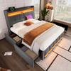 Upholstered Bed 140*200 Cm with LED Lighting and USB Outlet, Headboard with Shelves and Storage with 4 Drawers, Double Bed, Linen Fabric Gray