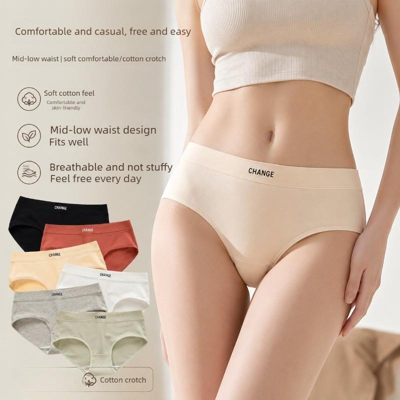 Women's Summer Simple Pure Cotton Antibacterial Crotch Skin Friendly Comfortable Breathable Mid Waist Briefs