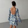 Autumn Elegant Flare Sleeve Backless Vintage Print Sexy Bodycon Mini Prom Dress Women Outfit Evening Party Festival Y2K Dresses
