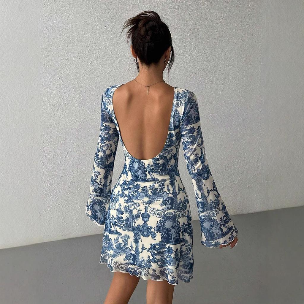 Autumn Elegant Flare Sleeve Backless Vintage Print Sexy Bodycon Mini Prom Dress Women Outfit Evening Party Festival Y2K Dresses
