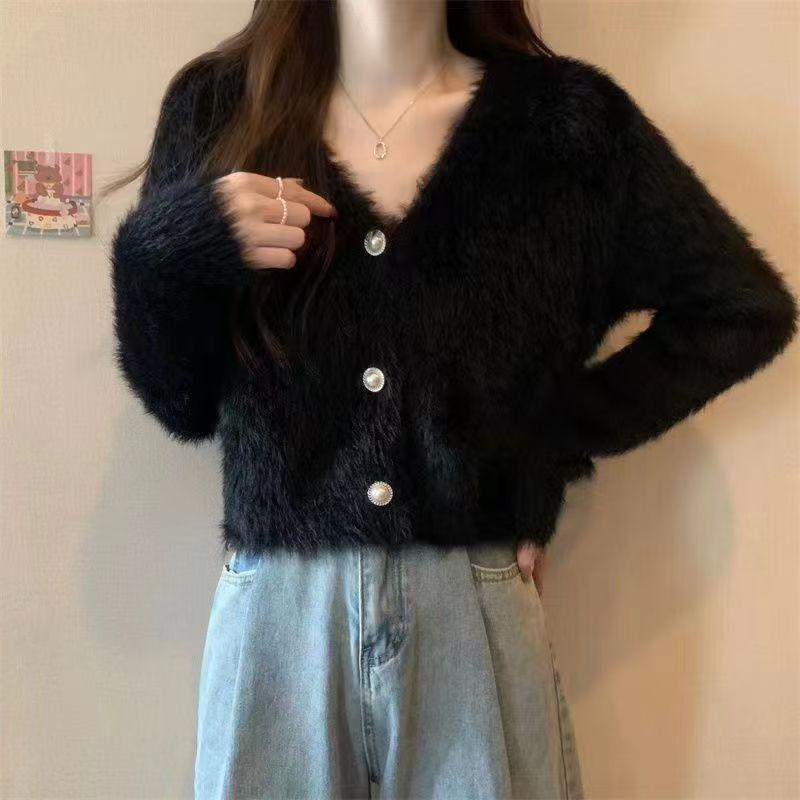 Autumn and winter new v-neck imitation mink velvet solid color short sweater jacket lazy wind outside wear knitted cardigan top women