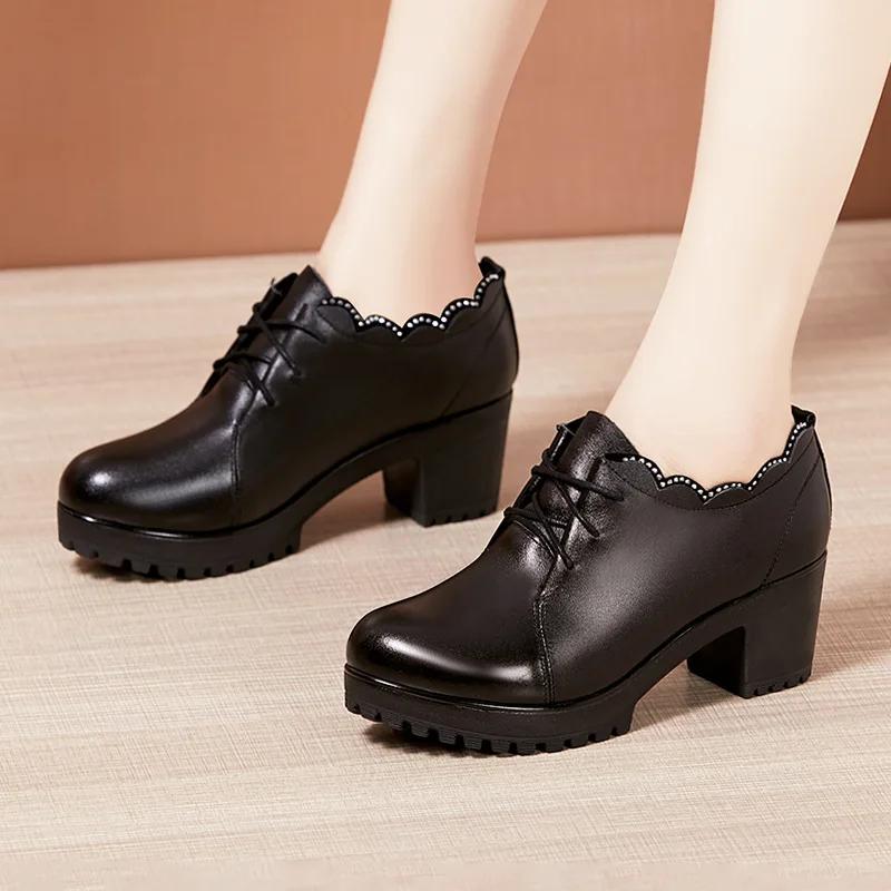 6cm 8cm 10cm Small Size 32-43 Deep Mouth Soft Leather Shoes Women Platform Pumps 2025 Fall Block High Heels Shoes Office Model