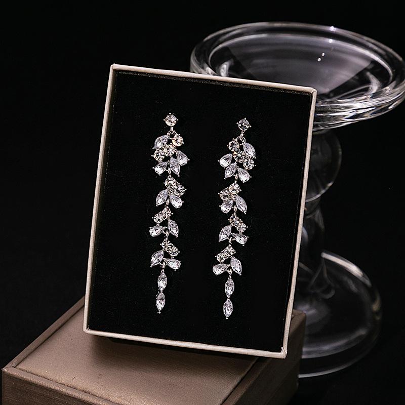Premium Leaf Fringed Earrings, Light Luxury Geometric Water Drop Diamond Earrings Temperament Long Earrings