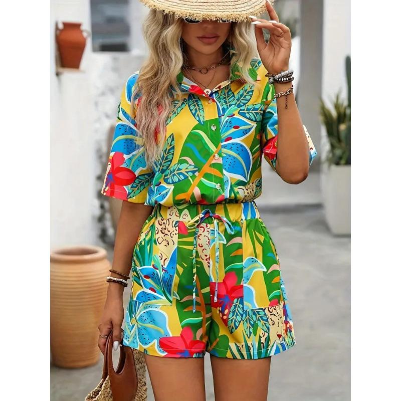 European and American new European women's Hawaiian style short-sleeved shirt and shorts set