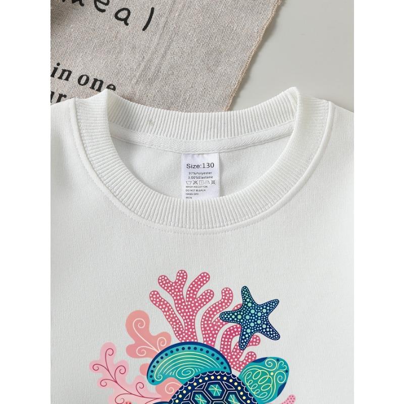 European Sizes Girls' Long-Sleeve Round Neck Sweatshirt "Sea Turtle Coral" Print, Spring/Autumn, Casual, Daily & Sports.