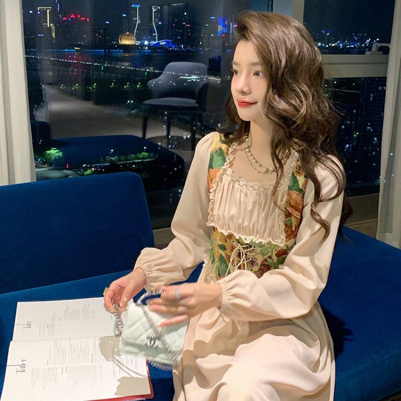New atmosphere wear heavy industry embroidery fake two-piece dress women's autumn wear with lining