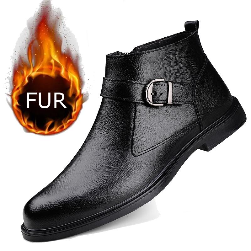 Winter Plush Warm Men's Boots Business Formal High Top Leather Shoes British Style Chelsea Men's Low Heel Versatile Cowboy Boots