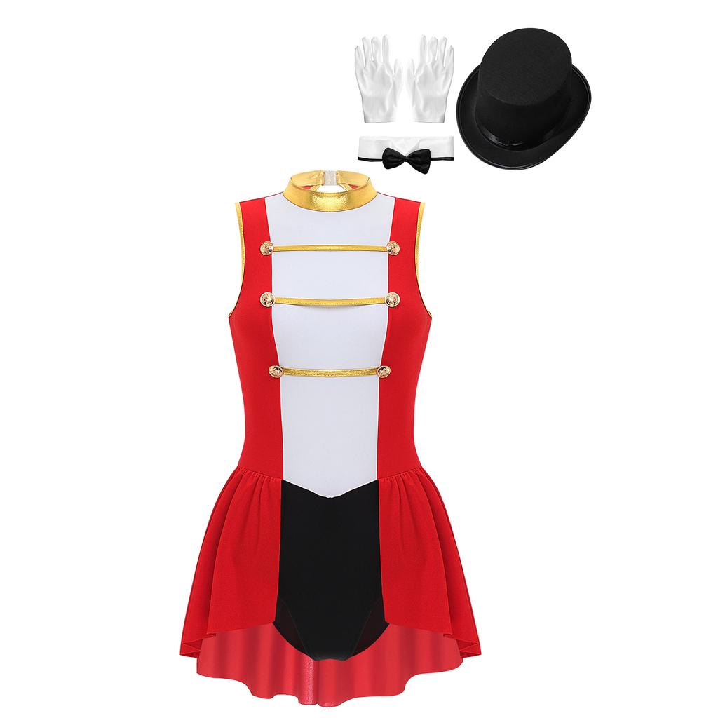 Womens Circus Ringmaster Costume Set Mock Neck Patchwork Bodysuit Complete Hat Bow Collar Gloves