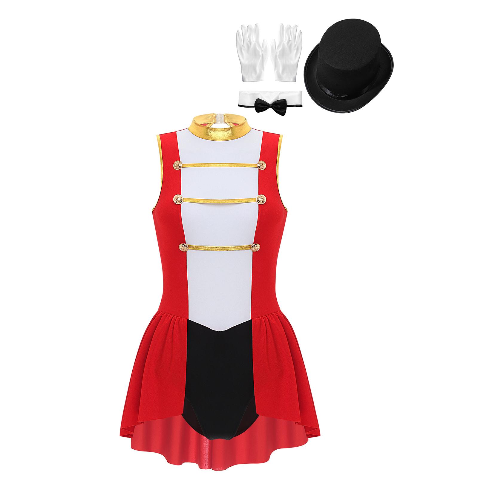 

Womens Circus Ringmaster Costume Set Mock Neck Patchwork Bodysuit Complete Hat Bow Collar Gloves 3XL