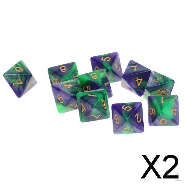 

2x10 шт. 8-гранных кубиков D8 многогранных для настольных игр Dungeons and Dragons зеленый фиолетовый