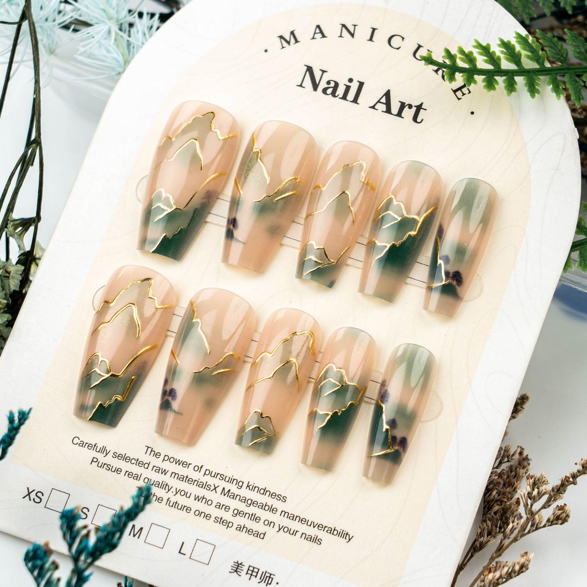 

24 pieces of hot-selling green gilt landscape ladder wearing armor advanced spot manicure fake nails