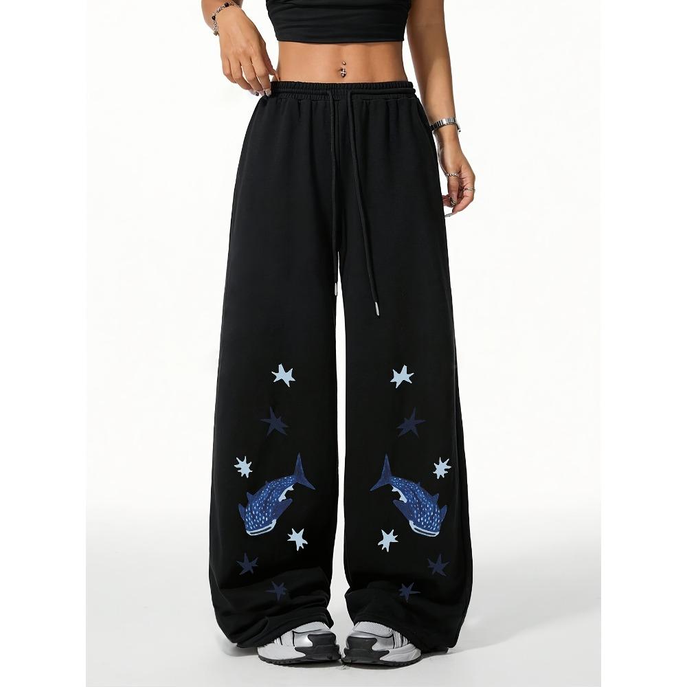 Женские повседневные спортивные брюки с принтом акулы, на шнурке, с эластичной талией, прямые спортивные брюки S
