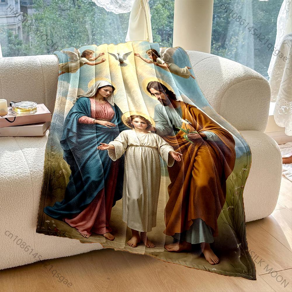 1PC Religious family with angels Faith-printed Flannel Blanket Soft and Warm Suitable for Home Travel Picnics Camping and RV