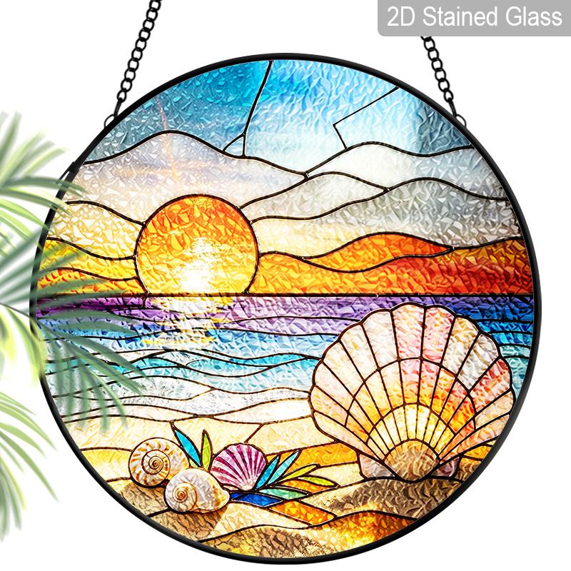 

2D Flat Stained Glass Beach Shells Window Decoration Colored Glass Plate, 7.87inches Ocean Theme Hanging Sun Catcher with Chain, Summer Home 7.87inch