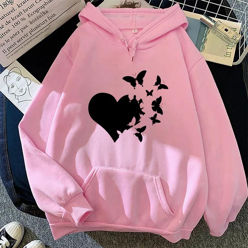 Heart Print Woman Hooded Sweatshirts Autumn Winter Daily Casual Sporty Hoodie Female Urban Fashion Warm Comfortable Hoody Coat