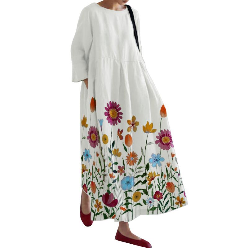 ZANZEA Women Casual Floral Print Loose Rouns Neck 3/4 Sleeve Long Dress