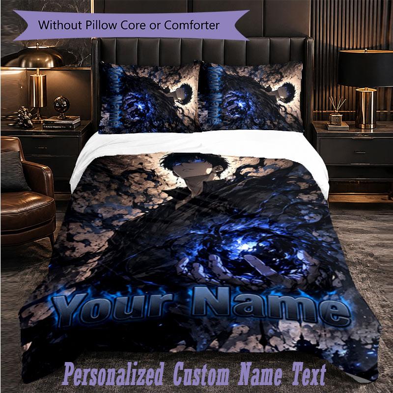 Personalized 3Pcs Bedding SetSolo Leveling Custom Text Duvet Cover Pillowcase Set Bedroom Gift