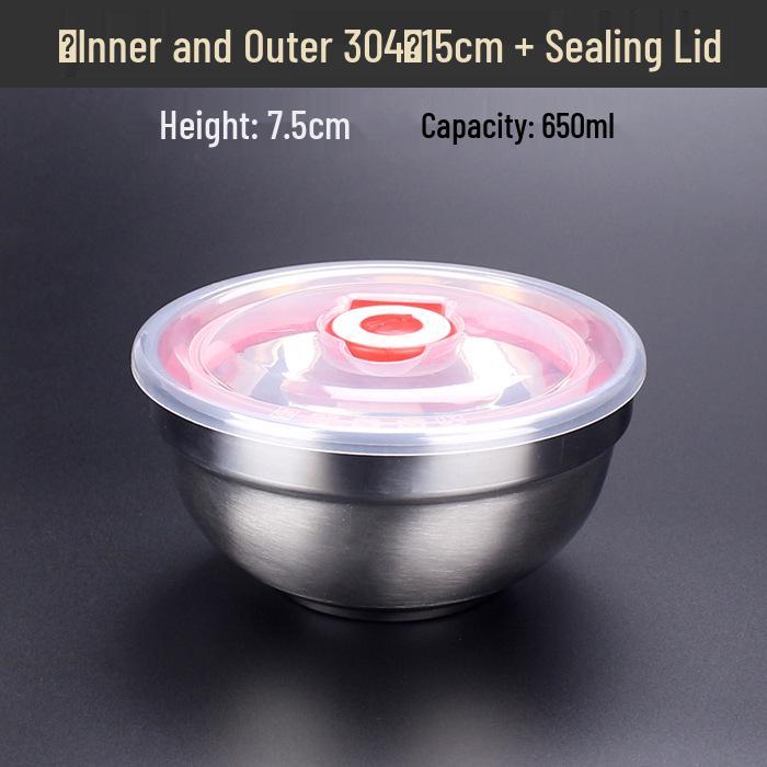 Large Double-Layer Insulated Stainless Steel Bowl with Lid - Anti-Scald, Anti-Drop, for Children and Adults, Ideal for Rice and Soup.