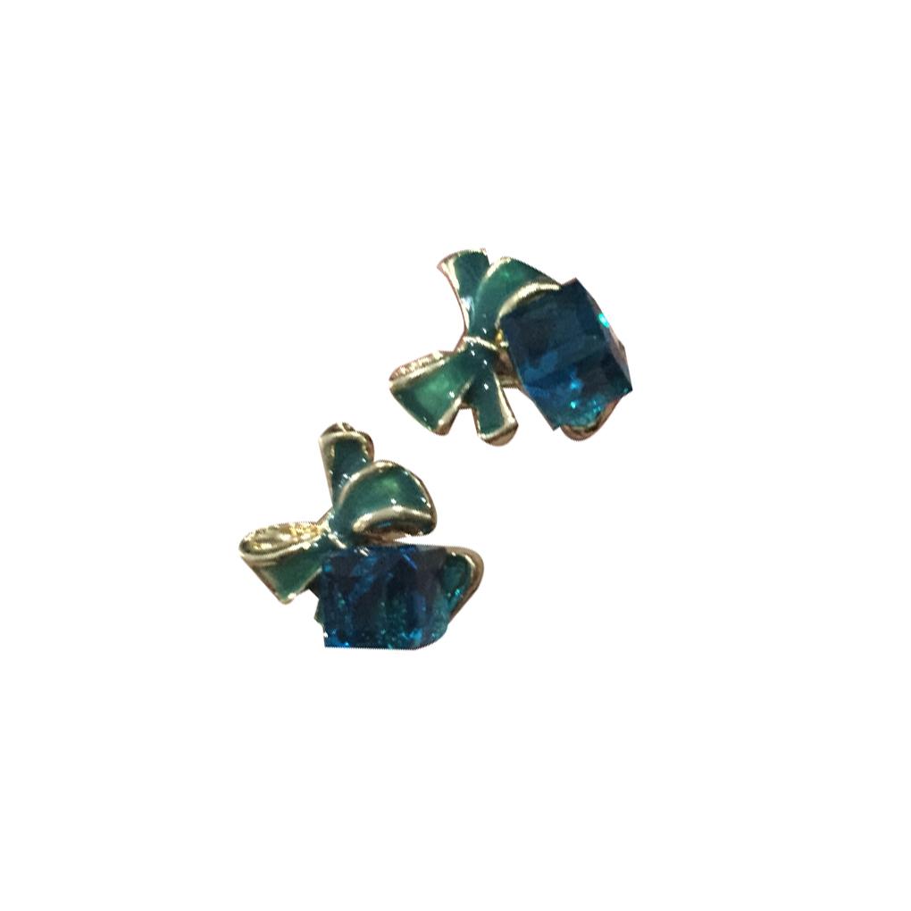 Fashion Bowknot Charming Women Jewelry Square Crystal Stud Earring Pair Blue