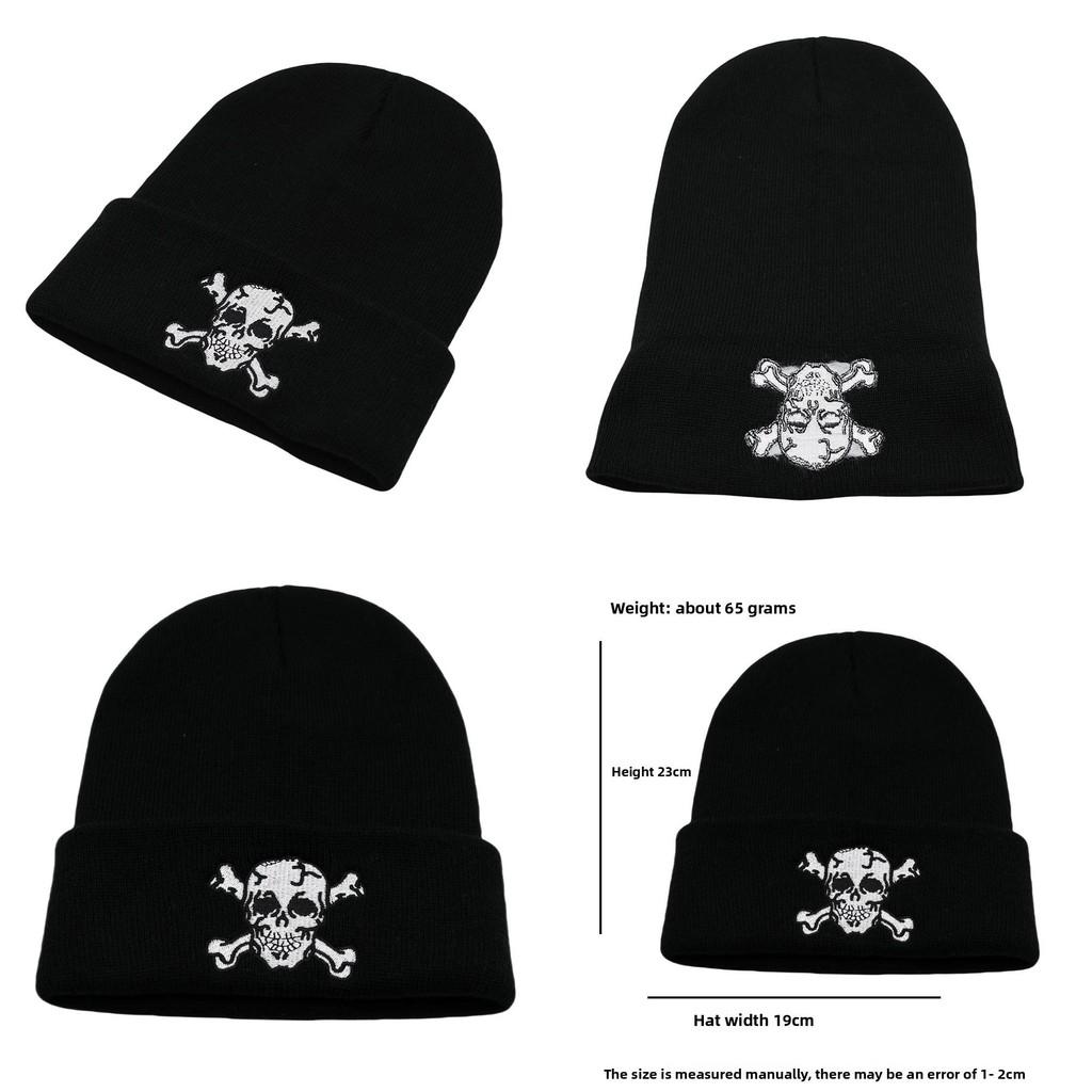 Solid Simple Color Knitted Hat With Skeleton Embroidery Design For Daily