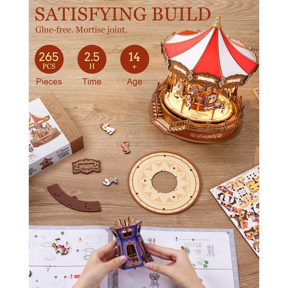 Rolife Klassische Karussell-Spieluhren Einfach zu montieren 3D-Holzpuzzle Bewegliches Design mit Licht Weihnachtsgeschenke für die Familie