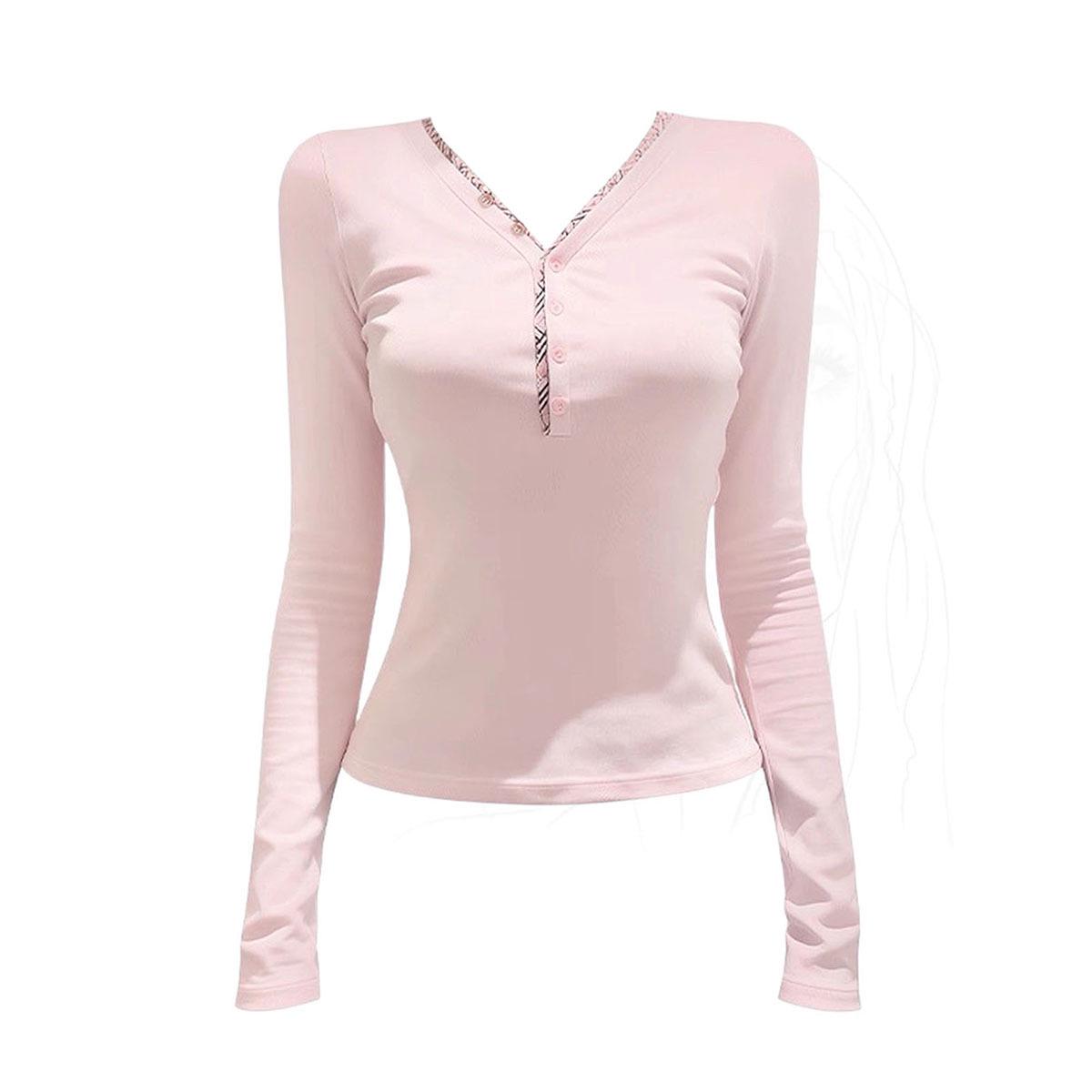 Chic Pink Plaid V-Neck Slim-Fit Women s T-Shirt – Flattering Long-Sleeved Base Layer Large