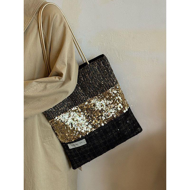 Small-scale Design Sequined Patch Tote Bag for Commuting, Hand-held Tote Bag with Large Capacity, Single-shoulder Bag