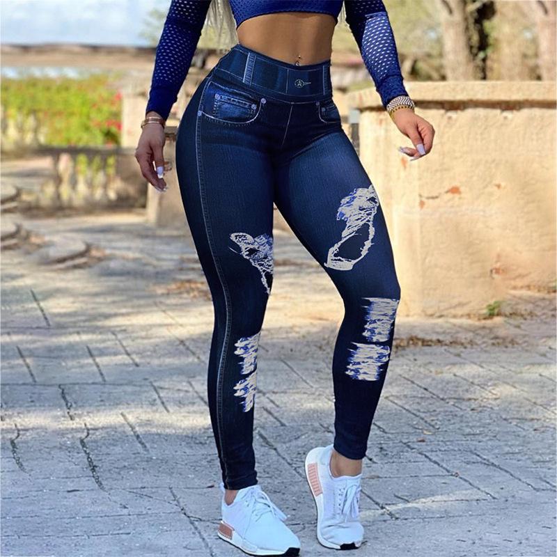 High-Waisted Plus Size Women's Faux Denim Leggings for Fitness & Yoga