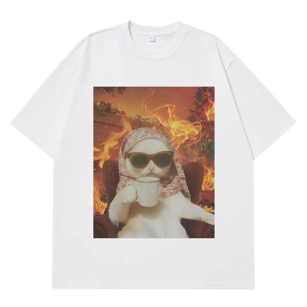 Hiphop Tops I Chill Cat Xmas Funny Cat Meme Tshirt Casual Loose Tshirt Summer Aesthetic Fashion Print Tshirts Unisex