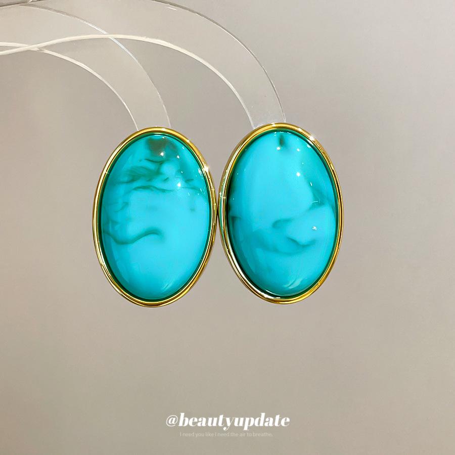Retro Silver Needle Marbled Acrylic Oval Geometric Stud Earrings - Vintage Niche High-End Fashion Accessories for Women