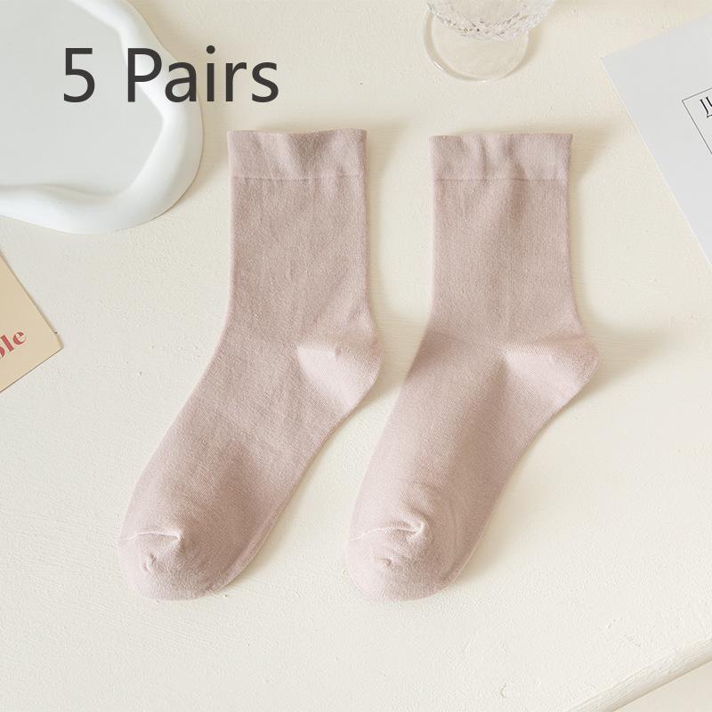 5 Pairs Socks Women's Mid-calf Socks Spring and Autumn Tide Solid Colour Cotton Socks Pink Stacked Socks Wholesale White Loose Monthly Socks