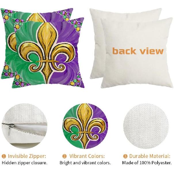 AACORS Mardi Gras Pillow Covers 18X18 Inch Set of 2,Fleur De Lis Beads Decor Holiday Farmhouse Pilow Case Decoration for Home Sofa Couch AA414-18-2