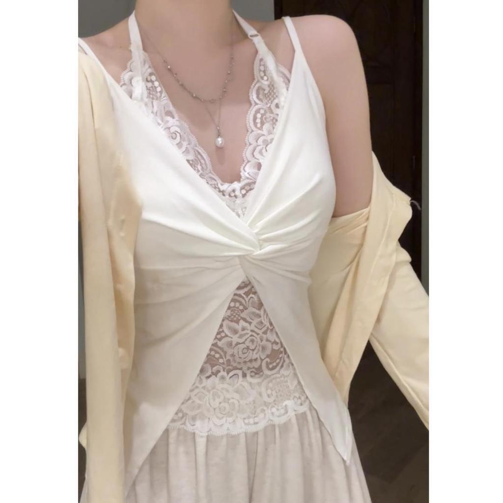 French lace design sense pure desire fake two pieces neck adjustable back v-neck sleeveless suspender women's top