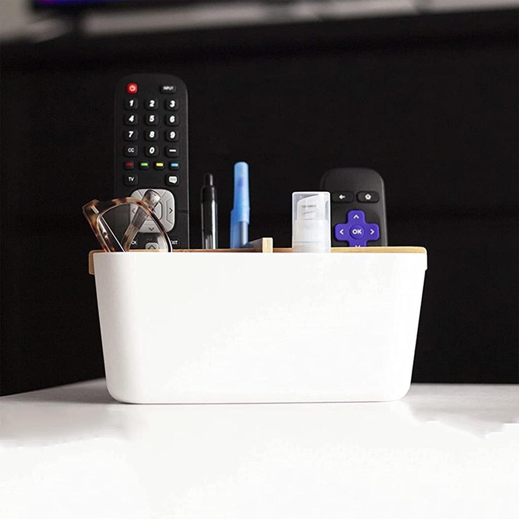 Desk Storage Box, Multifunctional Bamboo Deskstop Organizer with Wooden Partition Remote Control, Holder Pencil, Holder Pen, Vanity Table for Office