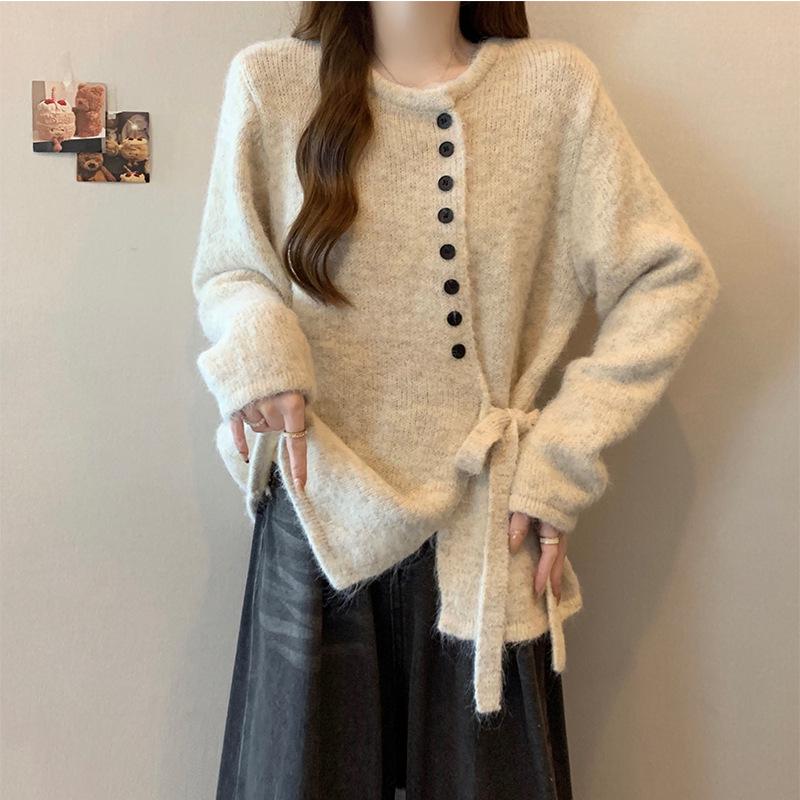 

2025 New Korean Style Women s Chic Lace-Up Knitted Sweater – Soft, Cozy, Crew Neck, Long Sleeve Small