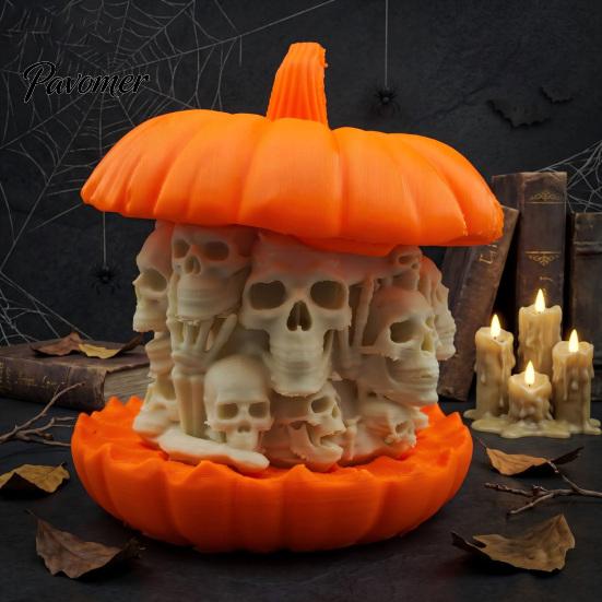 Desktop Skull Pumpkin Ornament 3D Printed Figurine, Gothic Skeleton Statue, Statue Creepy for Home Office Holiday Party Decorative