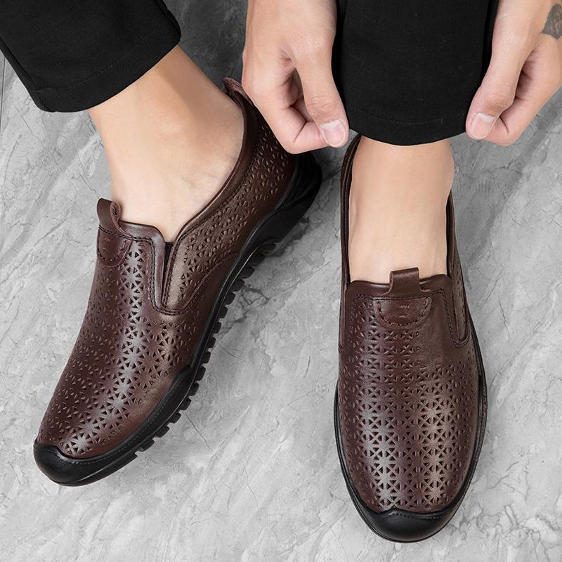 Fashion Summer Men Quality Casual Hollow Out Loafers Shoes Business Genuine Leather Shoe Luxury Brand Fashion Flats Man Breathable Shoes
