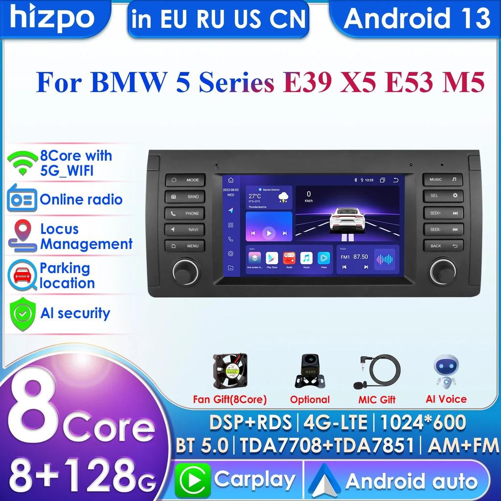 Hizpo Intelligent 8GB 128GB AI Voice 2 Din Android Auto Radio for BMW 5 E39 1995 - 2003 E53 X5 M5 Carplay 4G Net Car Multimedia GPS 2din Autoradio