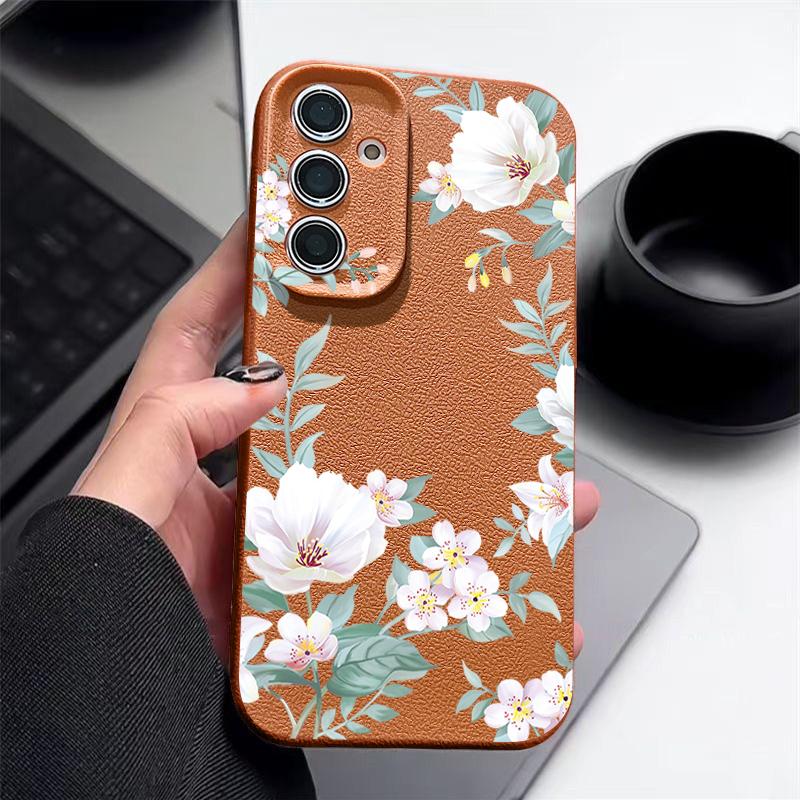 Simple Floral Pattern Shockproof Soft Case For Samsung S25 Ultra S24 FE S23 S22 A56 A16 A36 A15 A55 A35 A54 Leather Texture TPU Matte Slim Phone Cover