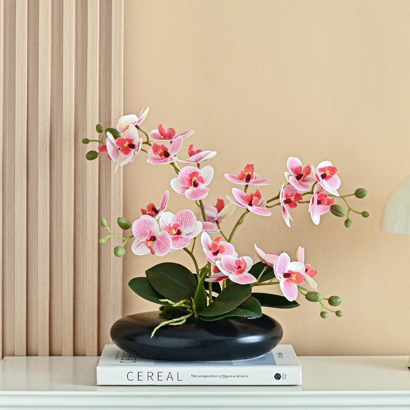 Realistic Phalaenopsis Artificial Flower Centerpiece for Dining Table with Vase