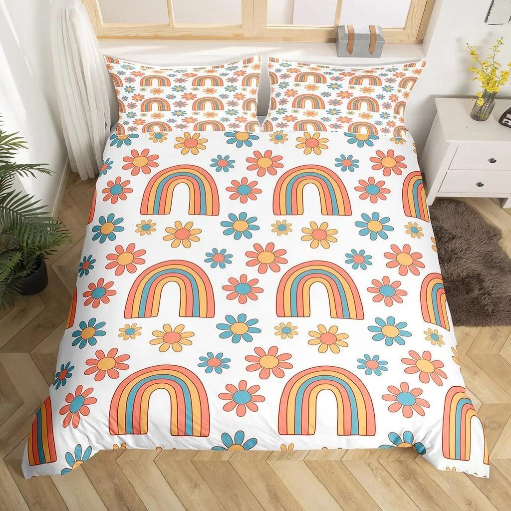 Rainbow Duvet Cover Kawaii Tropical Fruits Bedding Set Pineapple Lemon Doughnut Orange Strawberry Comforter Quilt Cover Set