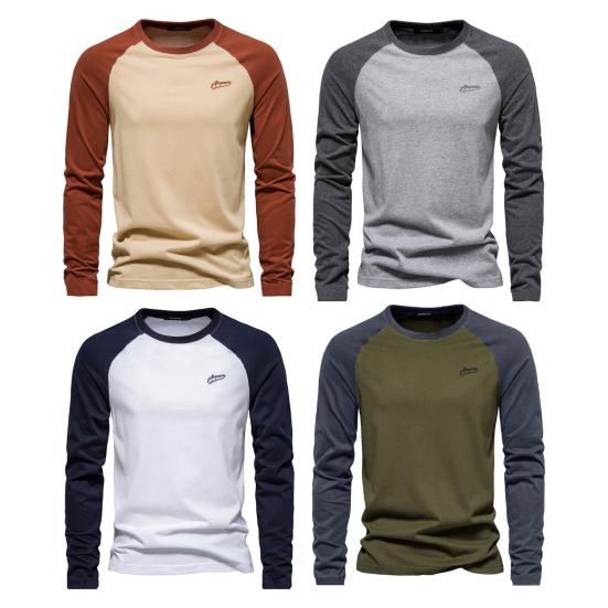Men Raglan Long Sleeve T-shirt O-Neck Patchwork Color Pullover Tops Loose Fit Elastic Cuffs Breathable Casual Tops