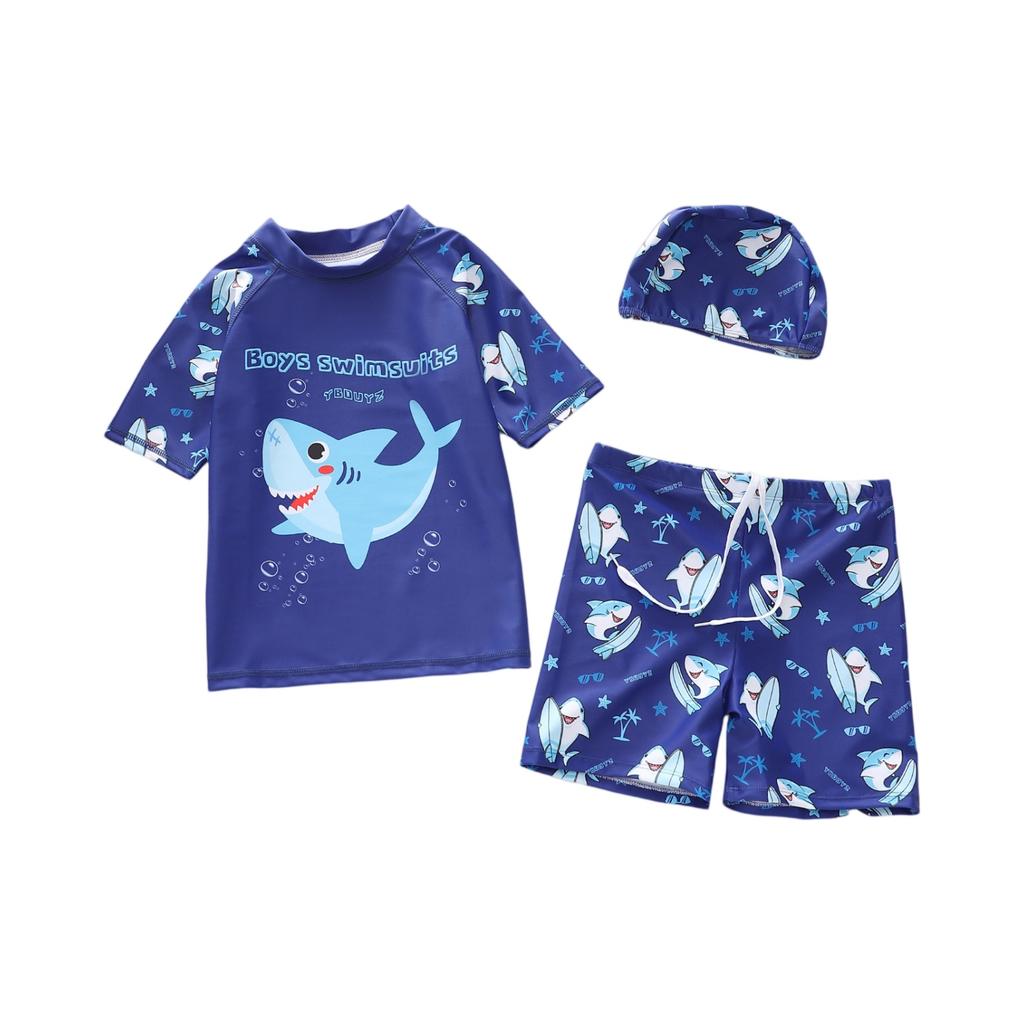 Boys Three Piece Swimsuit Set Short Sleeve Rash Guard Swim Shirt Swim Shorts and Swim Cap Cartoon Dinosaur Print Sun Protection Swimwear