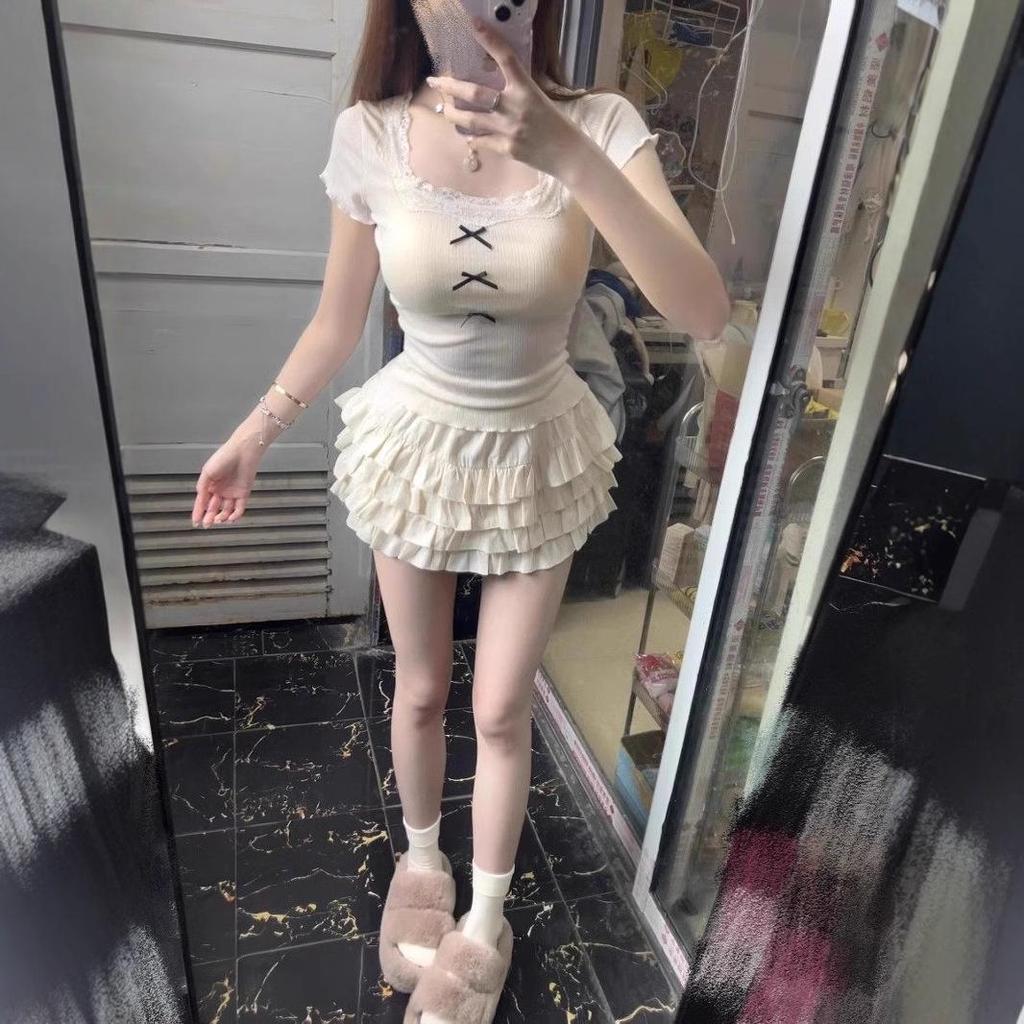 Lace Trim Patchwork Short Sleeve T-Shirt for Women - Spring/Summer Petite Straight Shoulder Top