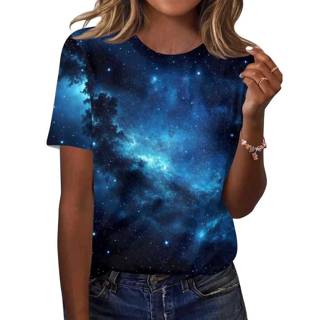 Women's Fashionable Casual Short Sleeve Print Round Neck Pullover Top