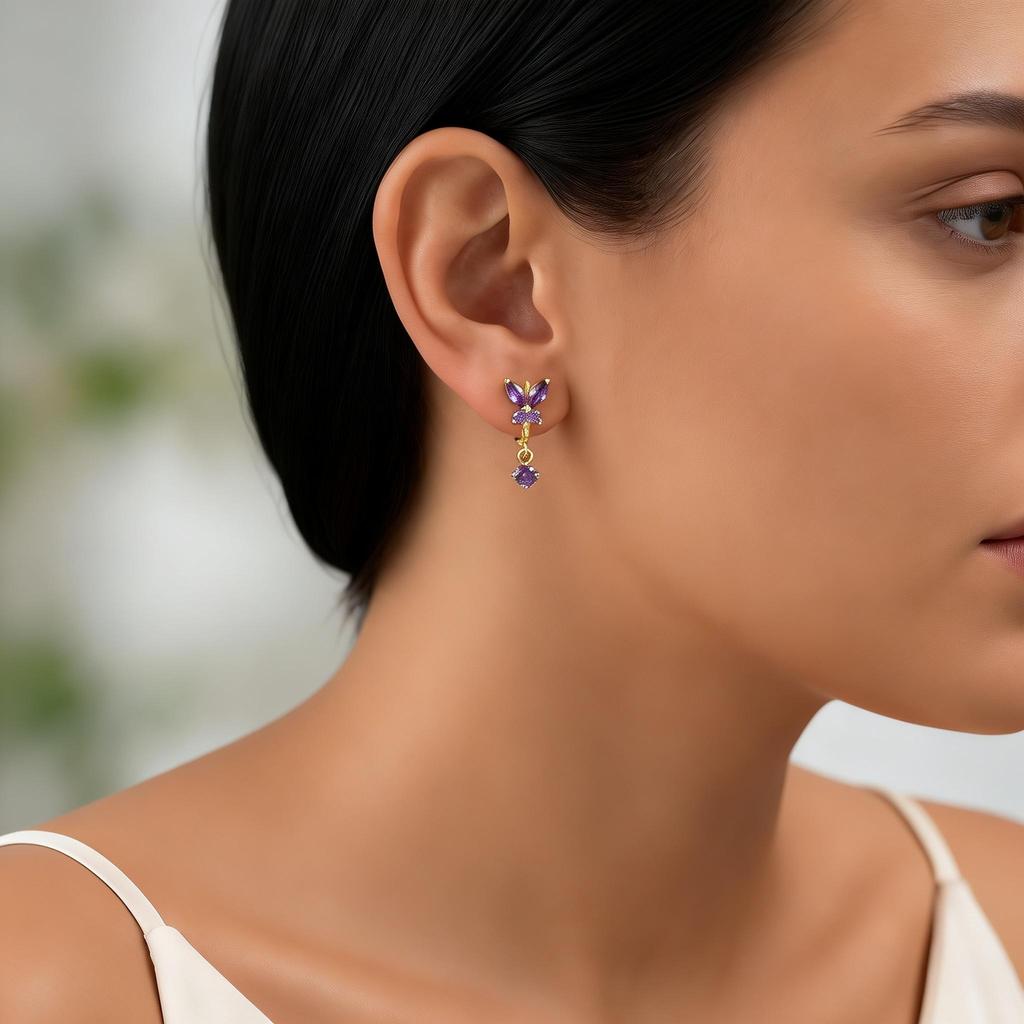 Colorful Zircon Pendant Butterfly Hoop Earring For Women, Gold Plated Tiny Huggies Earrings,Fashion Elegant CZ Dangle Jewelry