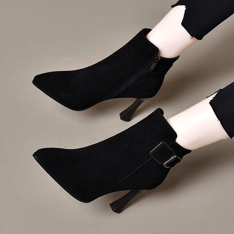 Fashion Fall New Pointed Toe Side Zipper Metal Belt Buckle Anti-Slip Wear-Resistant Stiletto Heel Short