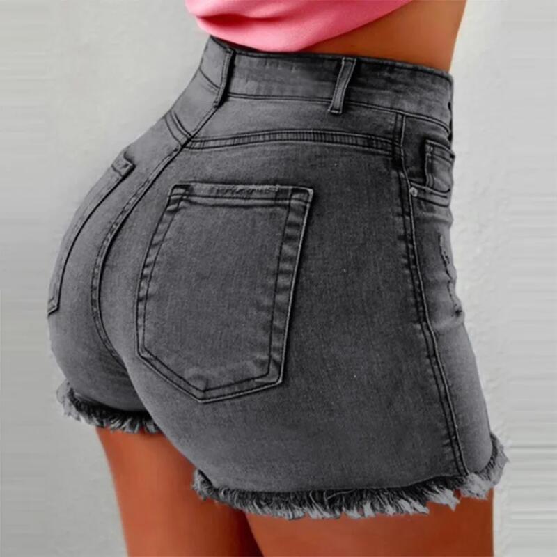 Denim Shorts Women Vintage Jeans Tassel Washed Distressed Skinny Mid Waist Pockets Streetwear Female 2025 Straight Short Pants